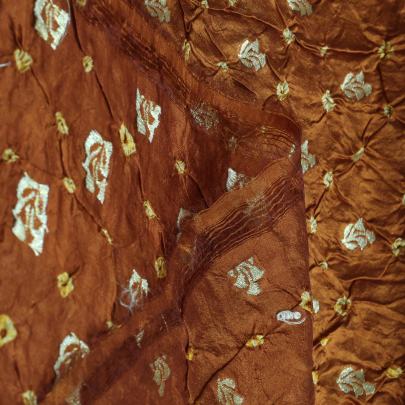 Chiniya silk bandhej with handwoven golden banarasi butti - Rust/ Banarasi Bandhej 