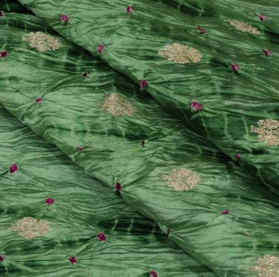 Chiniya silk bandhej with shibori and handwoven golden Banarasi butti - Green/