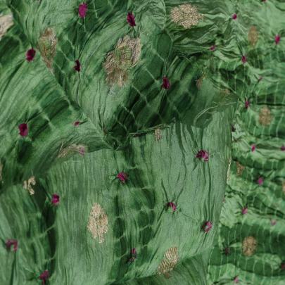 Chiniya silk bandhej with shibori and handwoven golden Banarasi butti - Green/ Banarasi Bandhej 