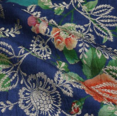 Chiniya silk with floral print & golden zari work - Blue/