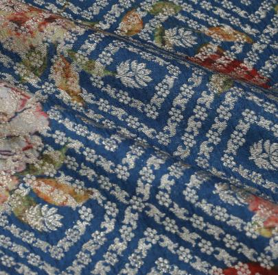 Chiniya silk with floral print & golden zari work - Peacock Blue/