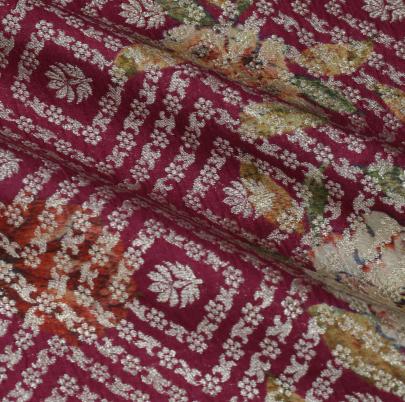 Chiniya silk with floral print & golden zari work - Dark Rani/