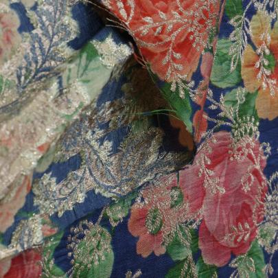 Chiniya silk with floral print & golden zari work - Blue/ Pure Banarasi fabrics