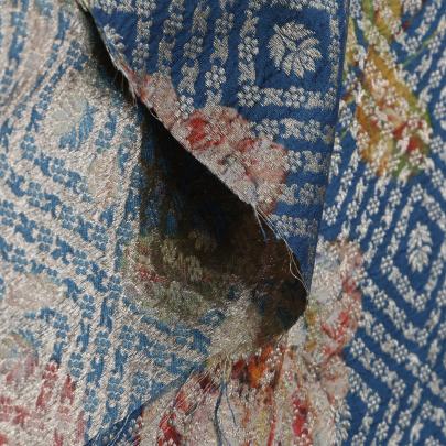 Chiniya silk with floral print & golden zari work - Peacock Blue/ Pure Banarasi fabrics