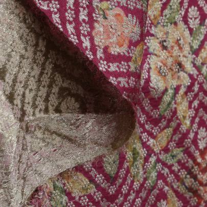 Chiniya silk with floral print & golden zari work - Dark Rani/ Pure Banarasi fabrics