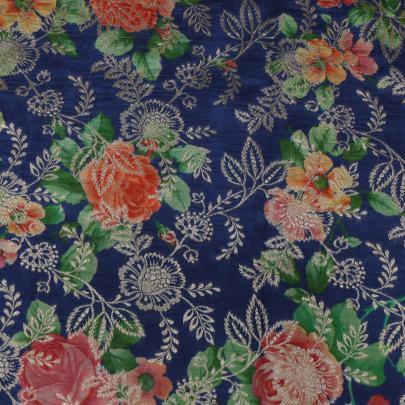 Chiniya silk with floral print & golden zari work - Blue/ Pure Banarasi fabrics