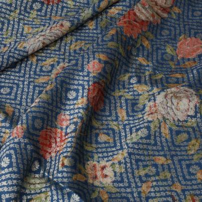 Chiniya silk with floral print & golden zari work - Peacock Blue/ Pure Banarasi fabrics