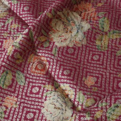 Chiniya silk with floral print & golden zari work - Dark Rani/ Pure Banarasi fabrics