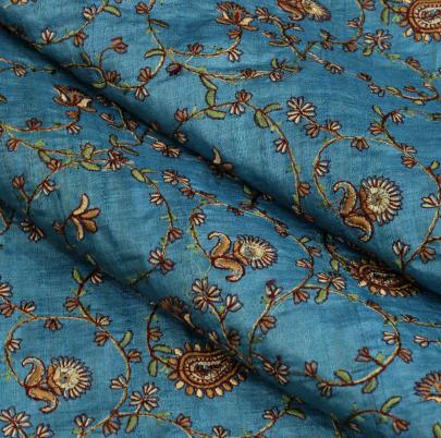 Multicolored embroidery jaal work on pure tassar silk fabric