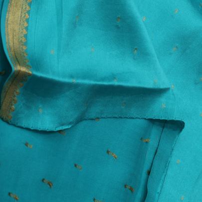 Resham Crepe With Golden Dots Motif & Golden Banarasi Border Aqua Blue/ Pure Banarasi fabrics